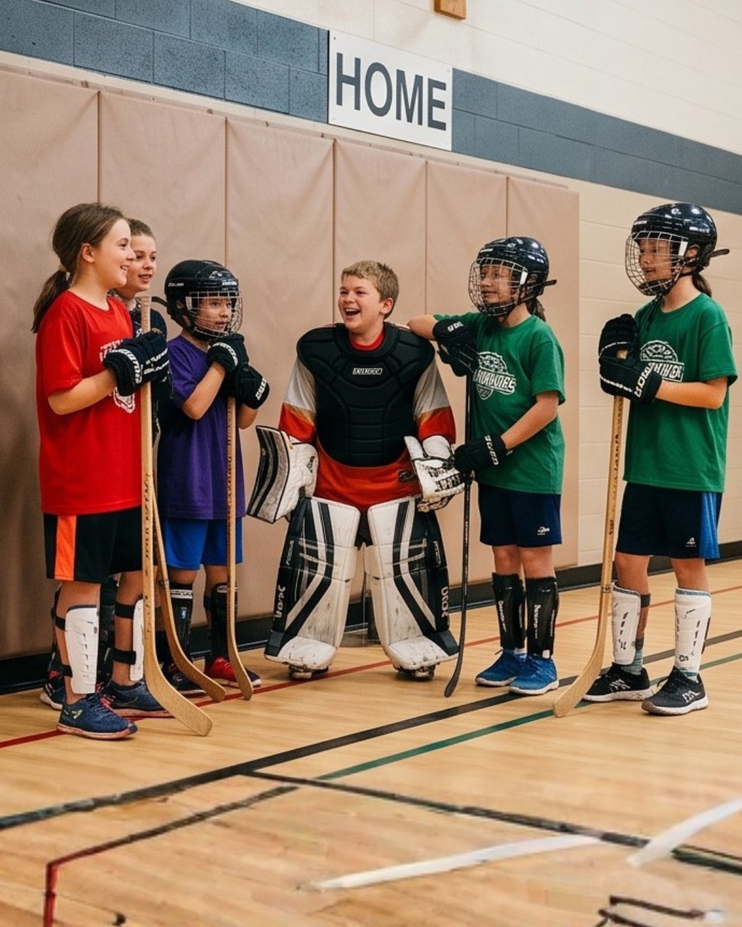 Youth hockey team posing together on gymnasium court wearing full gear with sticks